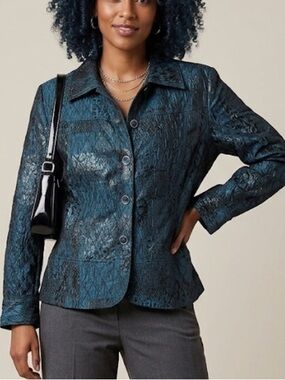 Erin London Crinkle Textured Quilted Button Front Teal Shimmery Jacket L Petite